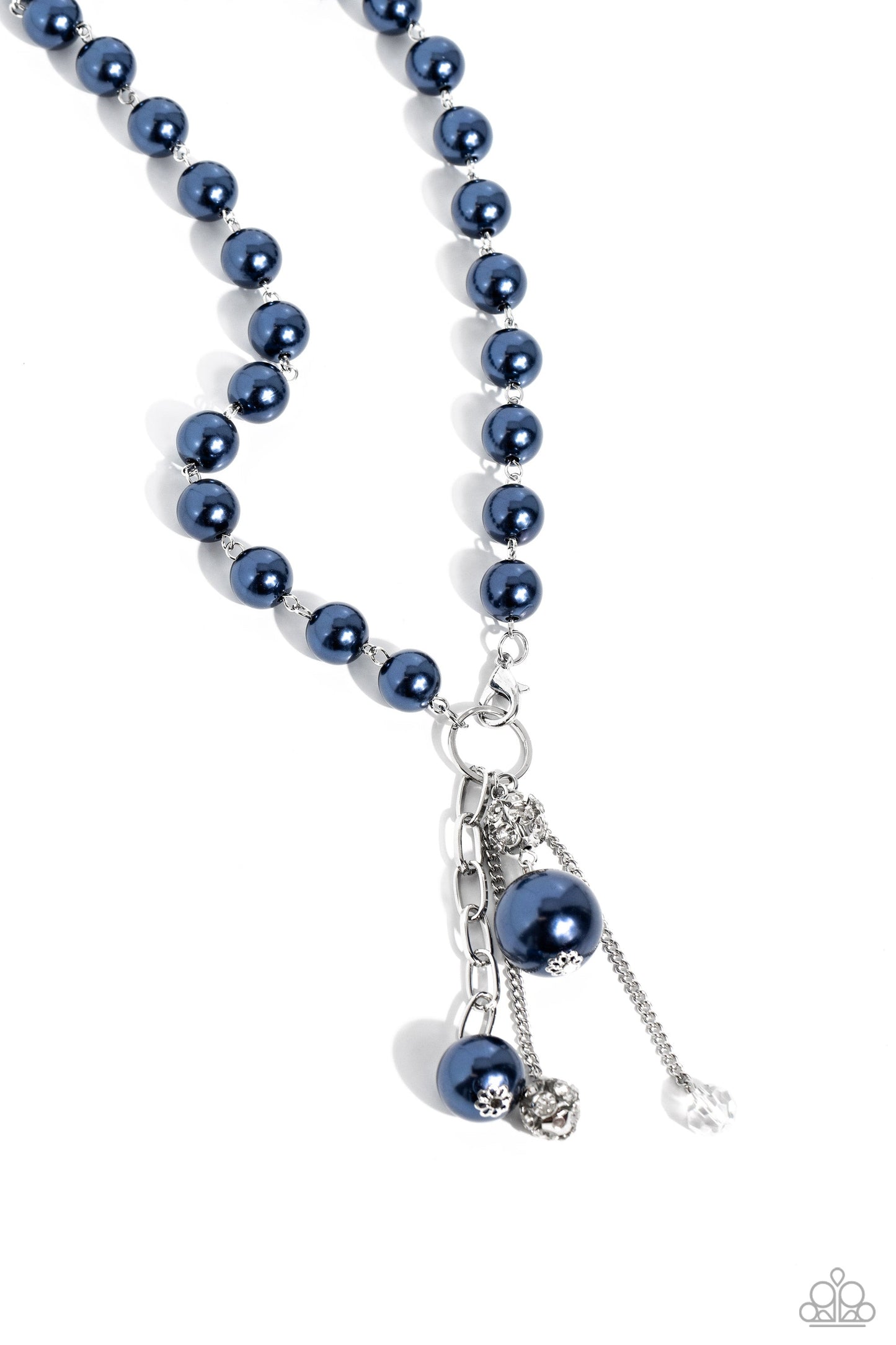 White Collar Welcome - Blue Pearl Necklace - Paparazzi Accessories - Montana pearls trickle below the collar attaching to a silver hoop as it nears the center of the chest. Accented with oversized Montana pearls, rhinestone-encrusted beads, faceted clear beads, and strands of silver chains cascade from the bottom of the silver hoop creating a charming, refined display.