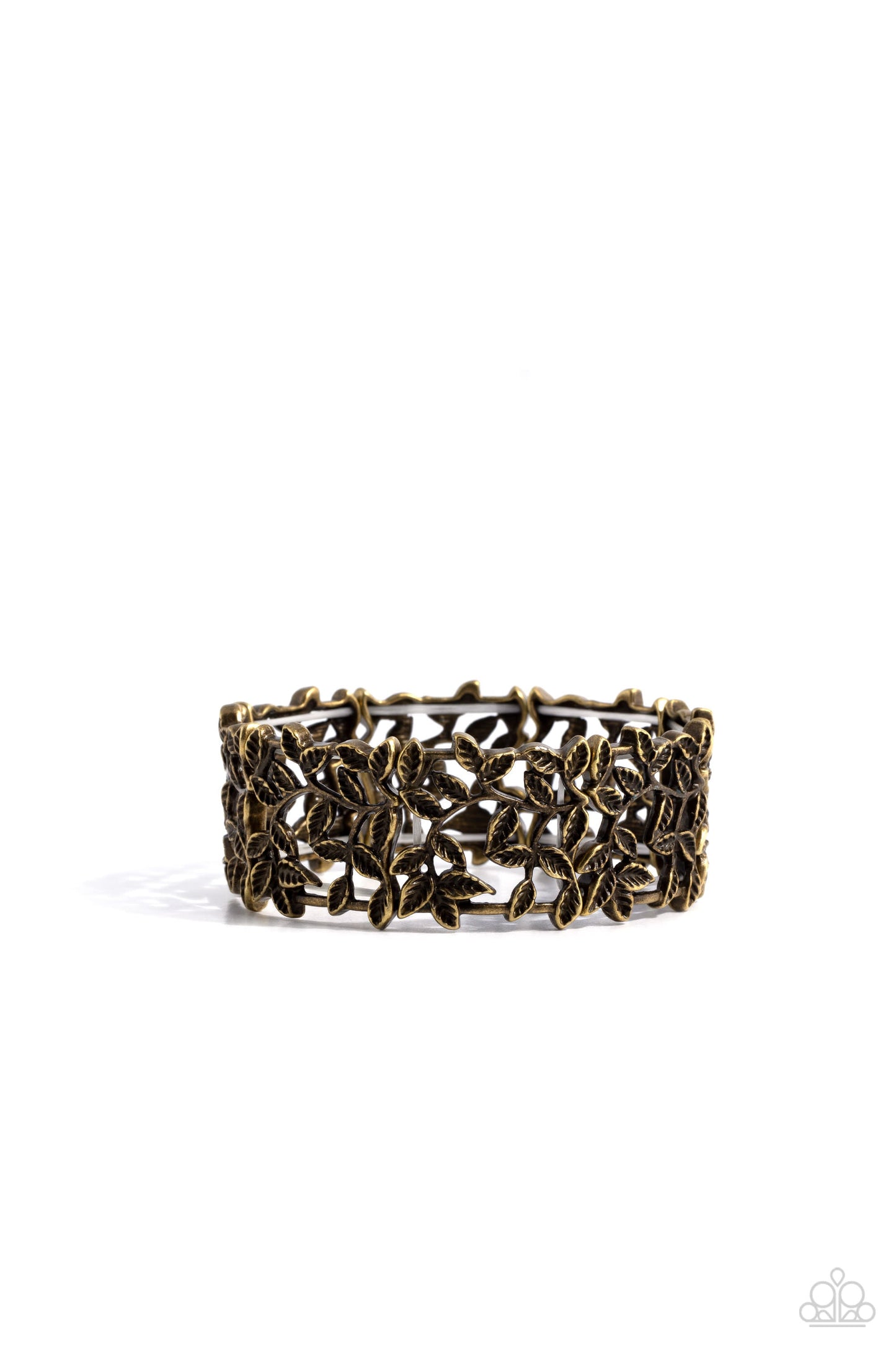 Whose VINE Is It Anyway? - Brass Bracelet - Paparazzi Accessories - Dotted with intricate textures, brass filigree vines with tactile leaves, as they twist and wind across the wrist on elastic stretchy bands for a whimsical look. Sold as one individual bracelet.