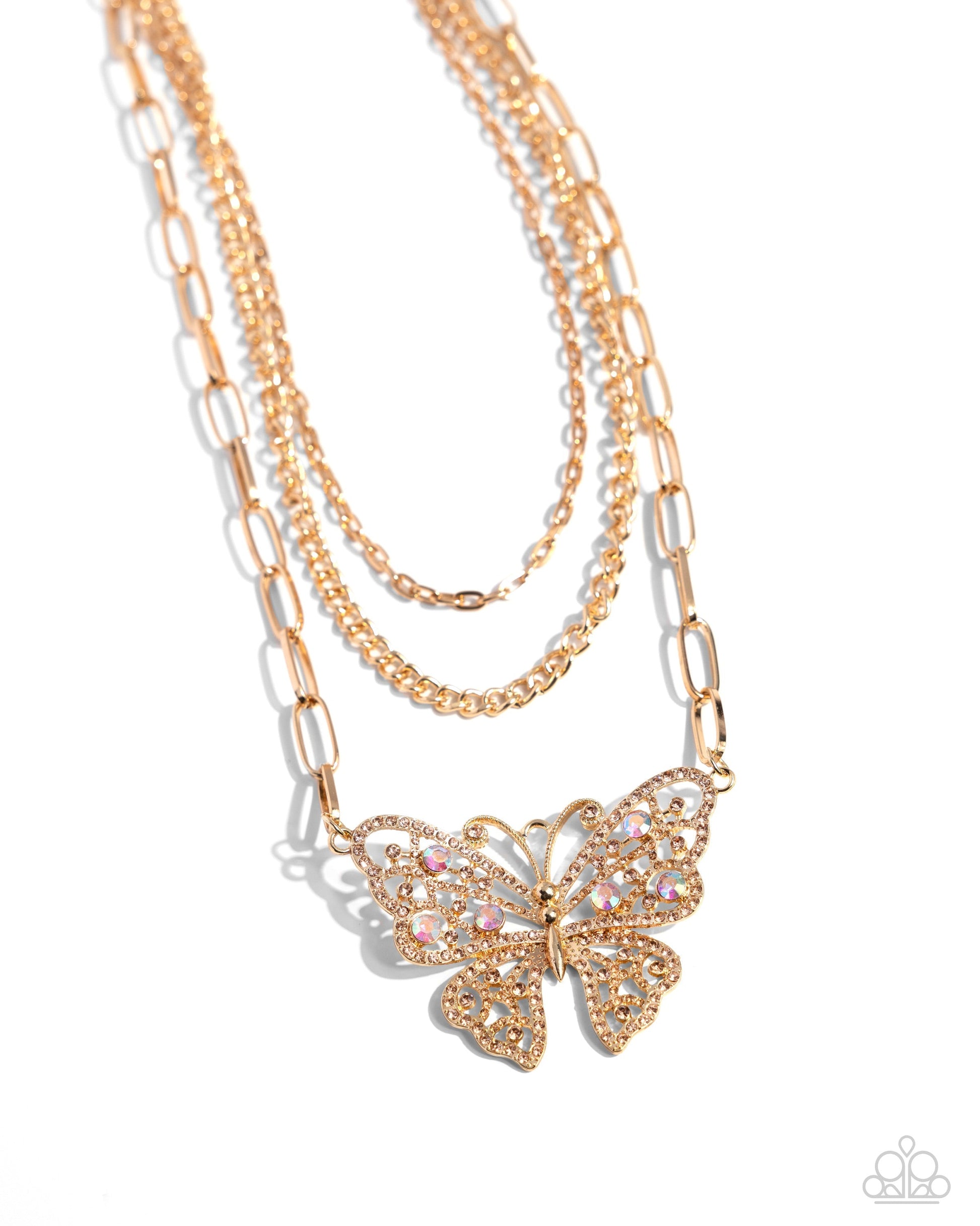 Winged Wonder - Gold Iridescent Butterfly Necklace - Paparazzi Accessories - Three mismatched gold chains interlock and cascade around the neckline in endless layers. A light peach and light peach iridescent-infused gold butterfly flutters at the bottom of the display for a whimsical finish.