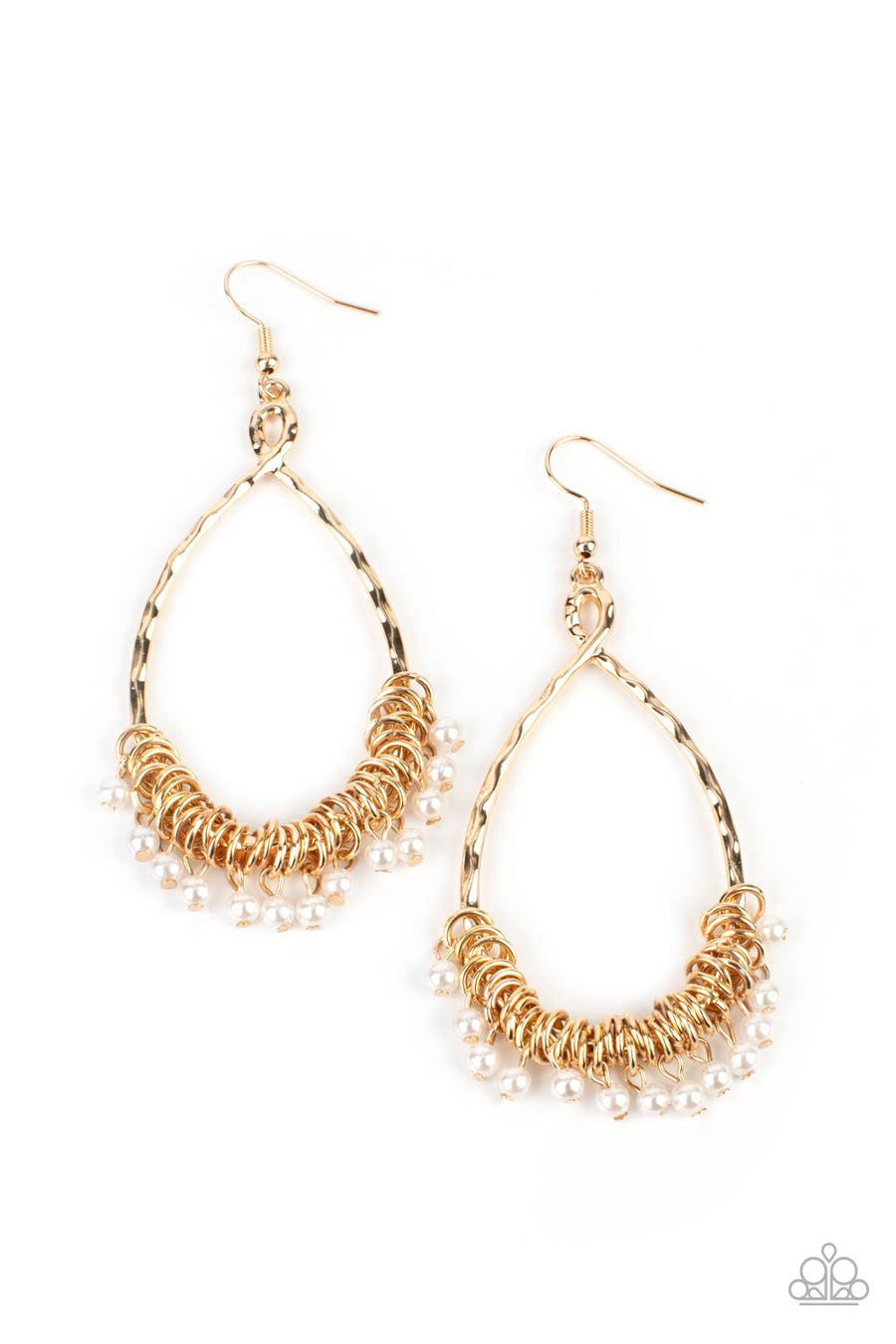 Wishing Well Wonder - Gold Earrings - Paparazzi Accessories - Oversized and delicately hammered, gold teardrop hoops feature a display of dainty pearl beads swinging freely from gold rings at the bottom of the frame resulting in a melodic finish. Earring attaches to a standard fishhook fitting. Sold as one pair of earrings.