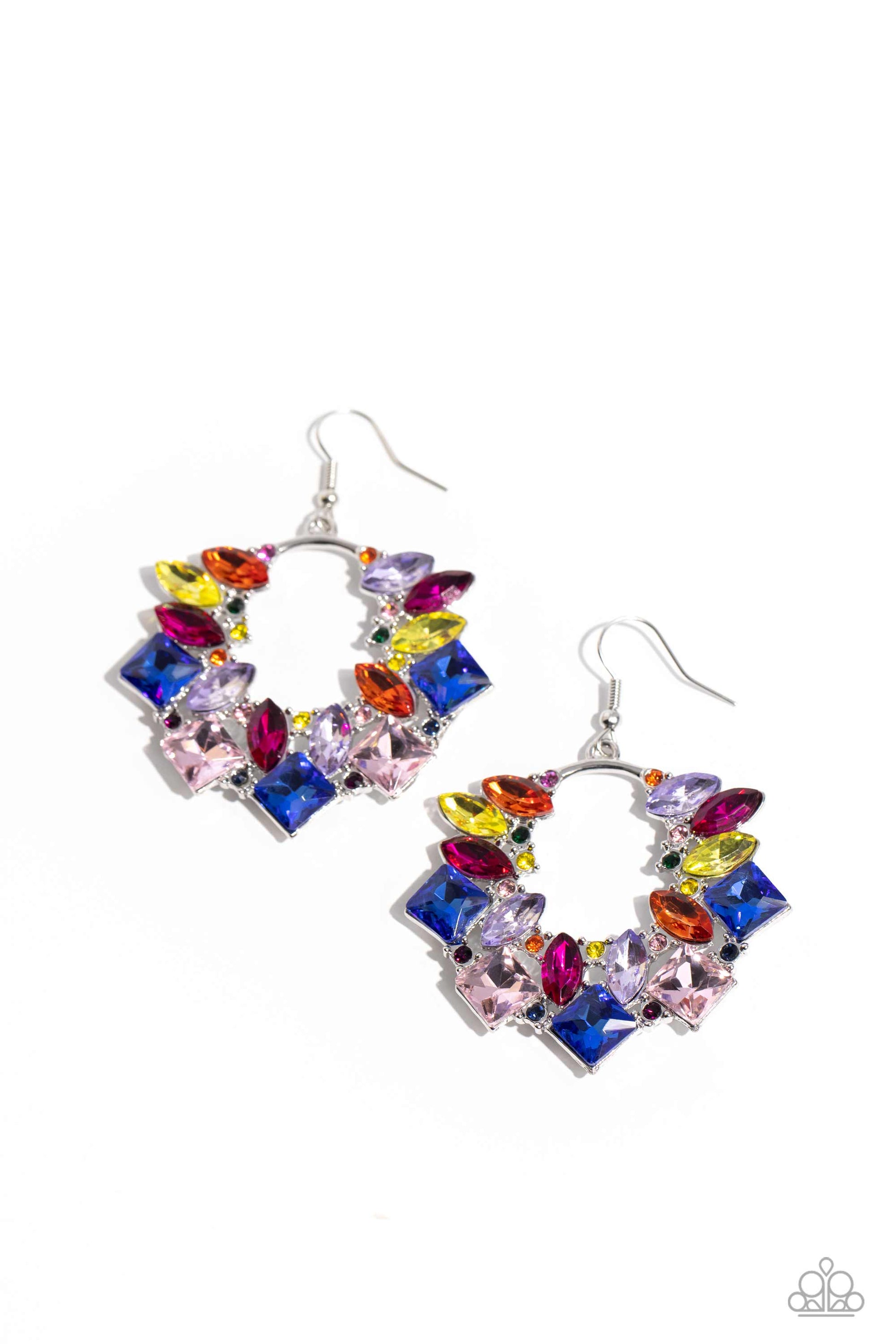Wreathed in Watercolors - Multi Color Earrings - Paparazzi Accessories - A glassy collection of various multicolored rhinestones explodes across the front of a silver wreath, resulting in a geometric, jaw-dropping dazzle earrings.