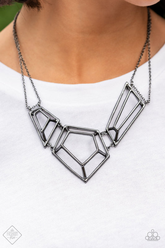 ​3-D Drama - Black Metal (Gunmetal) Fashion Necklace -  Paparazzi Accessories - Glistening gunmetal bars connect into edgy 3-dimensional frames below the collar, creating a bold geometric statement unique necklace. Features an adjustable clasp closure. Sold as one individual necklace.
