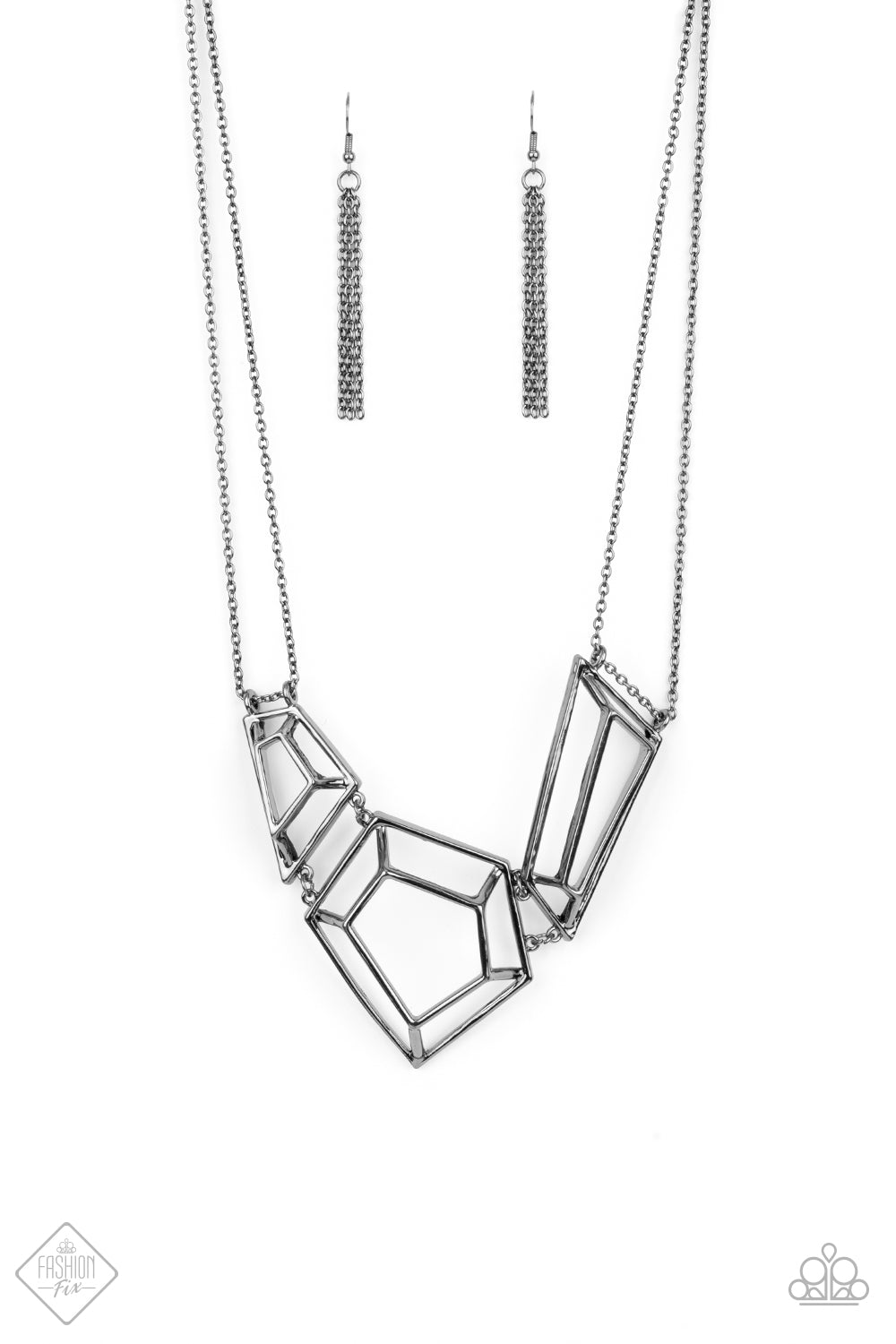 ​3-D Drama - Black Metal Necklace -  Paparazzi Accessories - Glistening gunmetal bars connect into edgy 3-dimensional frames below the collar, creating a bold geometric statement fashion necklace. Features an adjustable clasp closure. Sold as one individual necklace.