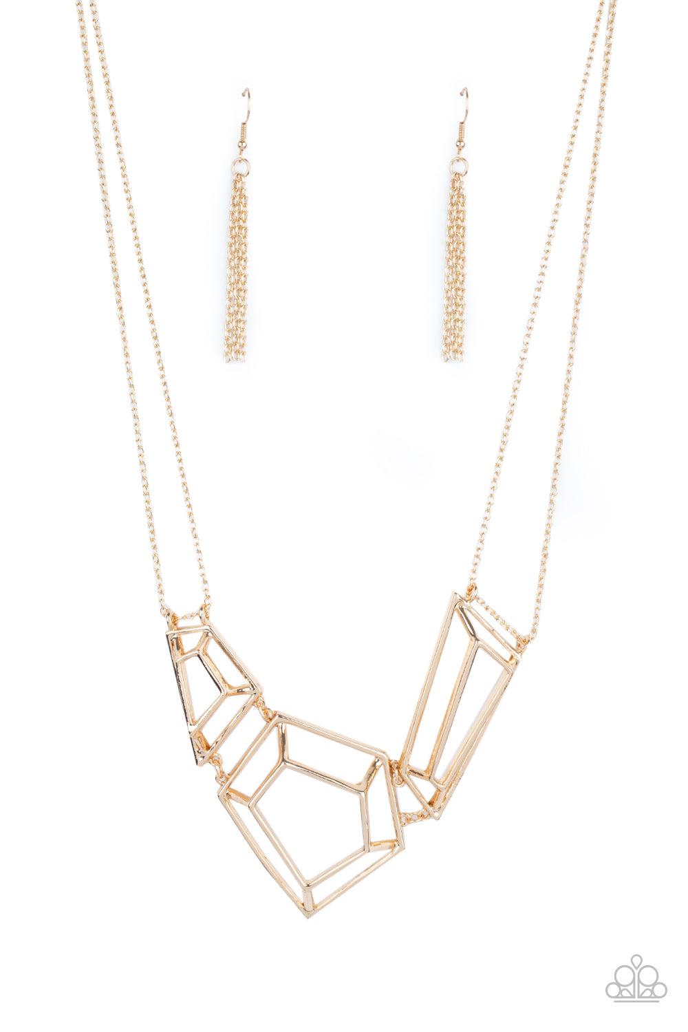 ​3-D Drama - Gold Geometric Necklace - Paparazzi Accessories - Glistening gold bars connect into edgy 3-dimensional frames below the collar, creating a bold geometric statement piece. Features an adjustable clasp closure.