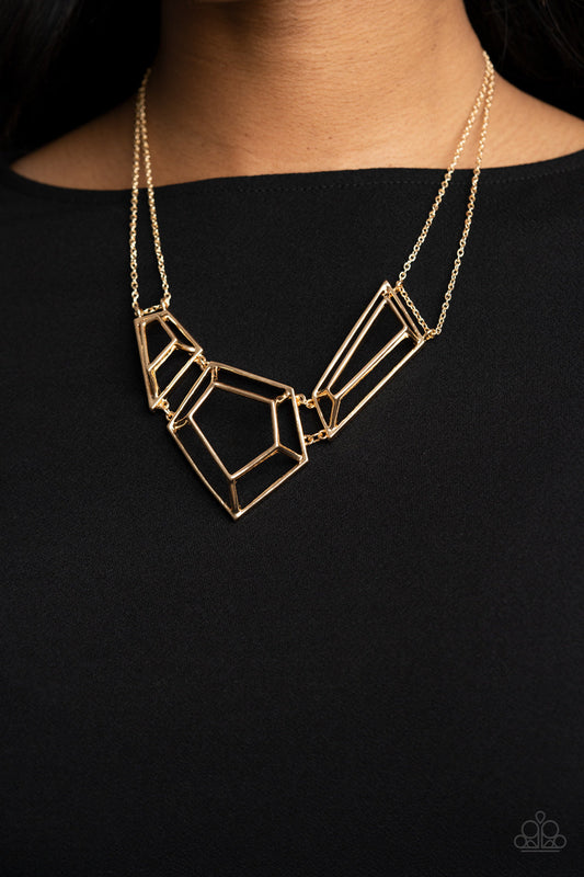 ​3-D Drama - Gold Geometric Necklace - Paparazzi Accessories - Glistening gold bars connect into edgy 3-dimensional frames below the collar, creating a bold geometric statement piece. Features an adjustable clasp closure.