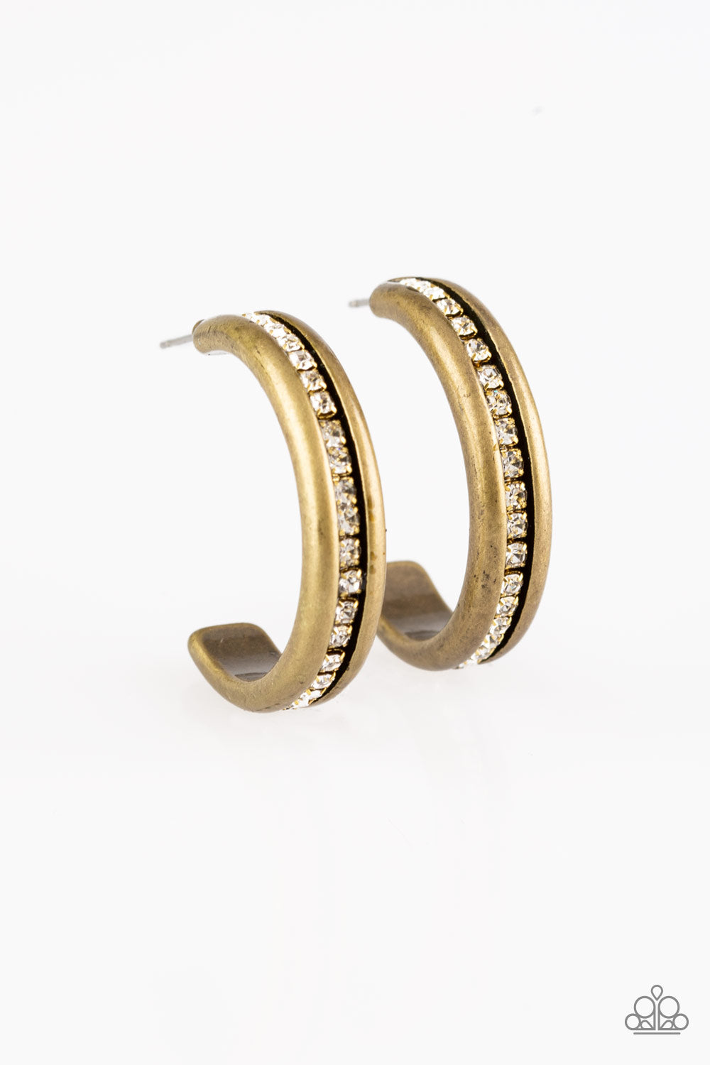 5th Avenue Fashionista - Brass Hoop Earrings - Paparazzi Accessories - A row of glassy white rhinestones is encrusted down the spine of a burnished brass hoop for a refined look. Earring attaches to a standard post fitting. Hoop measures 1 1/4" in diameter. Sold as one pair of hoop earrings.