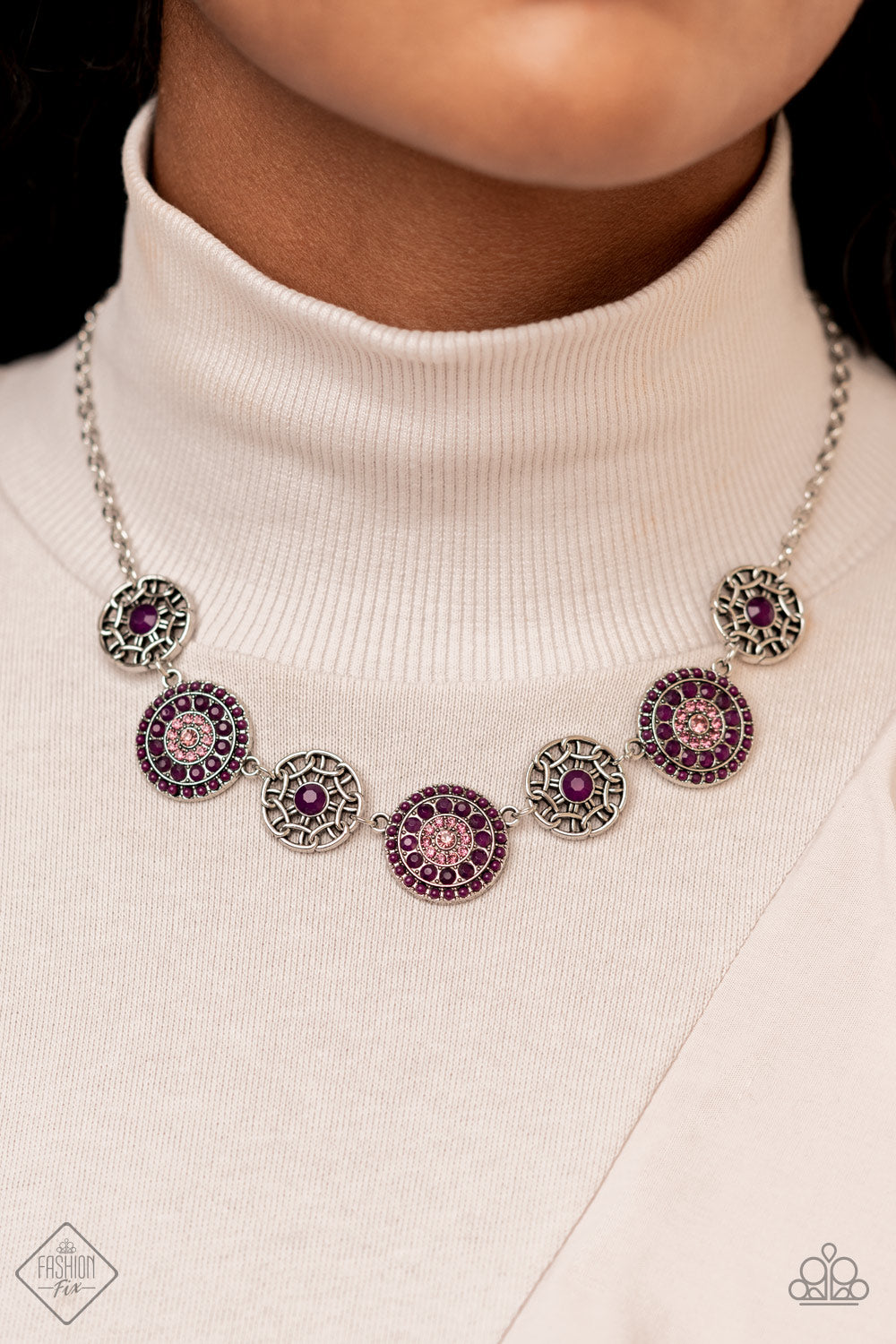 Farmers Market Fashionista - Purple - Plum - Amethyst Necklace - Paparazzi Accessories - Bursts of faceted plum beads and sparkling light amethyst rhinestones radiate from the centers of antiqued silver frames, while smaller airy frames are dotted with plum centers. The whimsical designs alternate around the collar making a dazzling display. Features an adjustable clasp closure. Sold as one individual necklace.