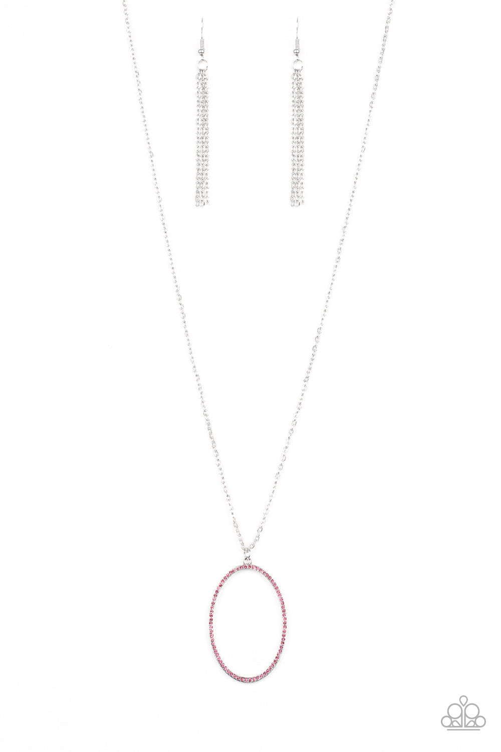 A Dazzling Distraction - Pink and Silver Necklace - Paparazzi Accessories - Glassy pink rhinestones, an airy silver hoop swings from the bottom of a lengthened silver chain for a refined flair. Features an adjustable clasp closure.