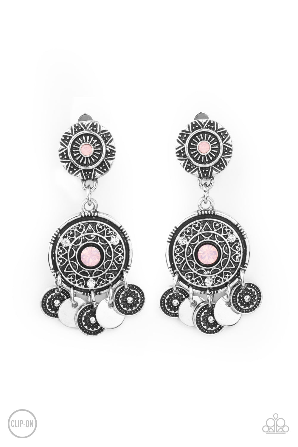 A DREAMCATCHER Come True - Pink Floral - Silver Clip On Earrings - Paparazzi Accessories - 
Dainty silver discs and antiqued floral frames dance from the bottom of an ornately embossed silver frame that links to a matching silver fitting. Both frames are dotted in pink opalescent rhinestone centers, while the largest of frames is sprinkled in dainty white rhinestone accents for a dreamy finish. Earring attaches to a standard clip-on fitting.
