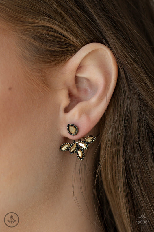 A Force To BEAM Reckoned With - Brass Double Sided Post Earrings - Paparazzi Accessories - Solitaire teardrop aurum rhinestone attaches to a double-sided post, designed to fasten behind the ear. Encrusted in matching aurum rhinestones, a double-sided post peeks out beneath the ear, creating a glittery fringe.