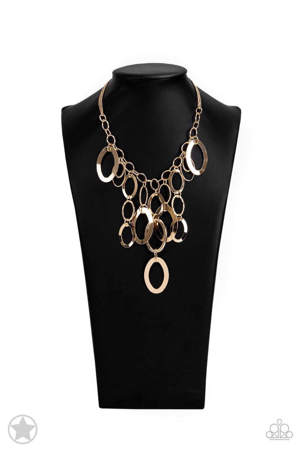A Golden Spell - Gold Fashion Necklace - Paparazzi Accessories - Large gold links and shimmering textured gold rings cascade below a gold chain freely, allowing for movement that makes a bold statement.