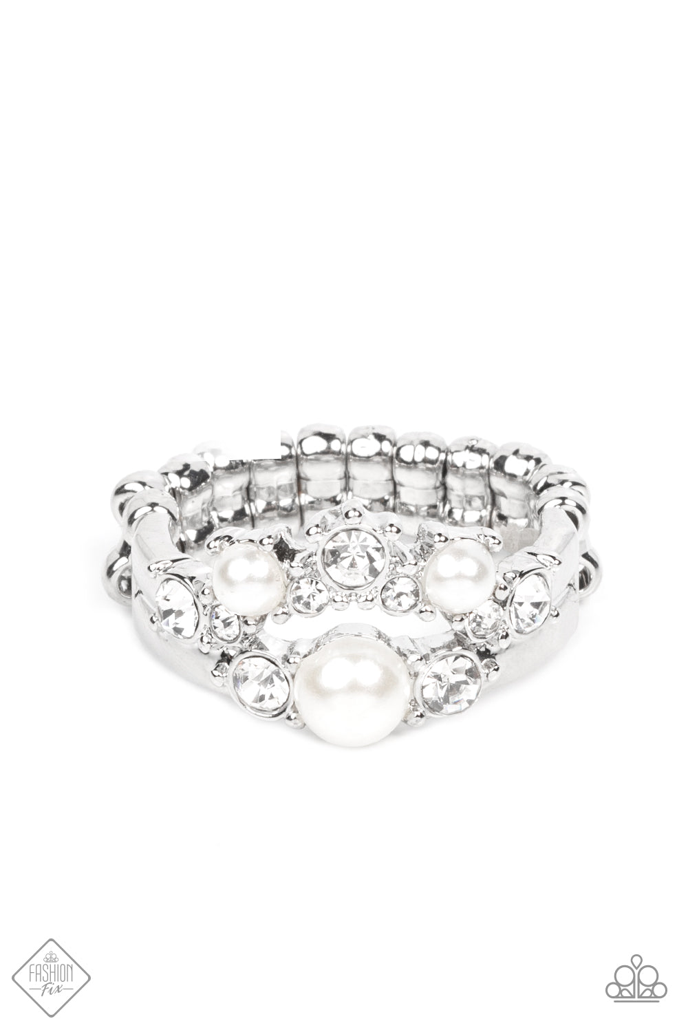 ​A-List Ambience - White Pearl - Silver Ring - Paparazzi Accessories - Featuring pronged silver fittings, a bubbly collection of white pearls and glassy white rhinestones coalesce into two effervescent bands across the finger. Features a dainty stretchy band for a flexible fit. Sold as one individual ring.