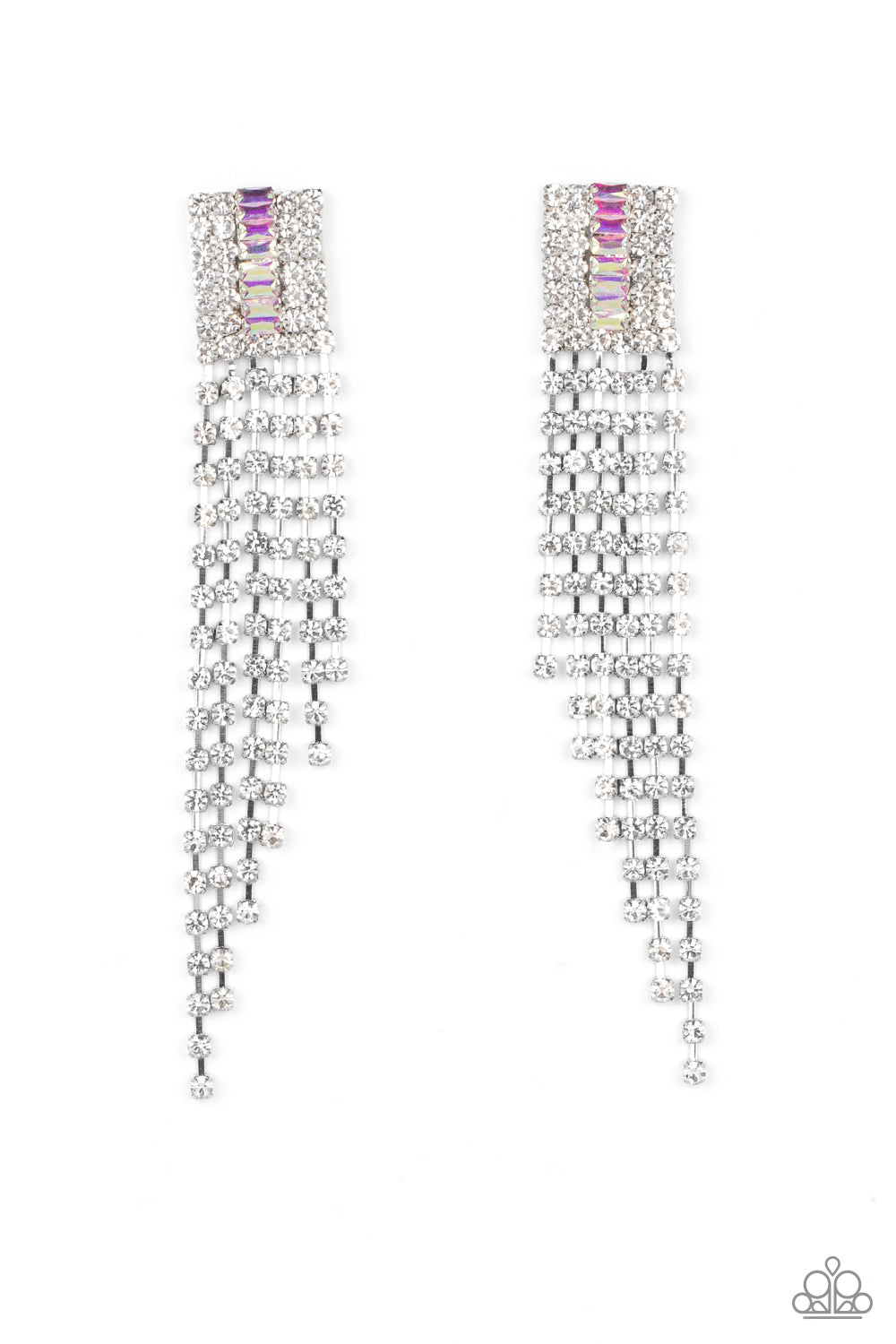 A-Lister Affirmations - Multi Iridescent Earrings - Paparazzi Accessories - A tapered fringe of glittery white rhinestones streams out from the bottom of a rectangular silver frame. Dotted in rows of blinding white rhinestones, the center of the glitzy fitting is infused with a raised row of emerald cut iridescent rhinestones for a dramatic dazzle.