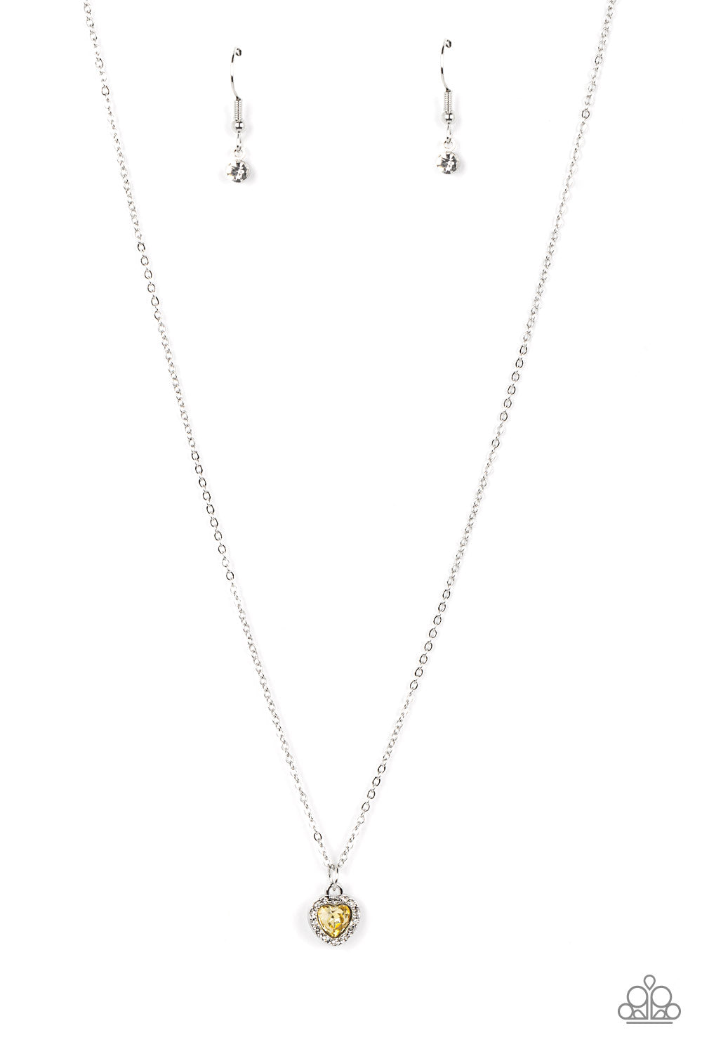 A Little Lovestruck - Yellow and Silver Heart Rhinestone Necklace - Paparazzi Accessories - Dainty yellow rhinestone heart sparkles along a dainty silver chain below the collar for a flirtatious fashion. Features an adjustable clasp closure.