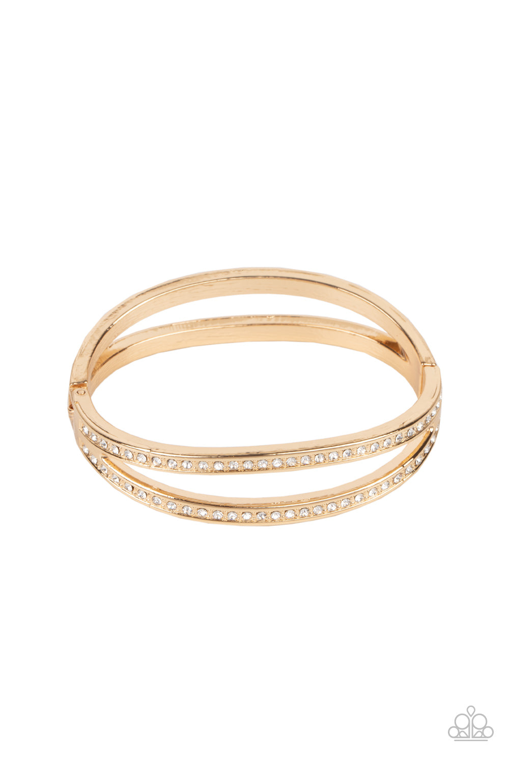 A Show of FIERCE - Gold Fashion Bracelet - Paparazzi Accessories - Encrusted in glassy white rhinestones, an oval gold frame attaches to a matching shiny frame, creating a timelessly layered bangle-like cuff around the wrist. Features a hinged closure. Sold as one individual bracelet.