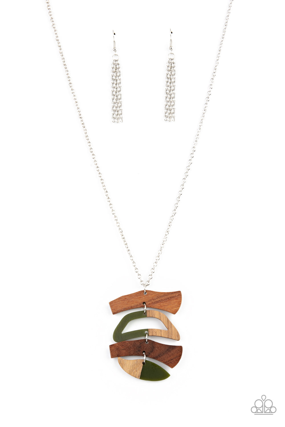 A WOODWORK In Progress - Green - Brown Wood Necklace - Paparazzi Accessories -Featuring green acrylic accents, mismatched wooden frames delicately link into an abstract pendant at the bottom of a lengthened silver chain for an earthy fashion. Features an adjustable clasp closure.