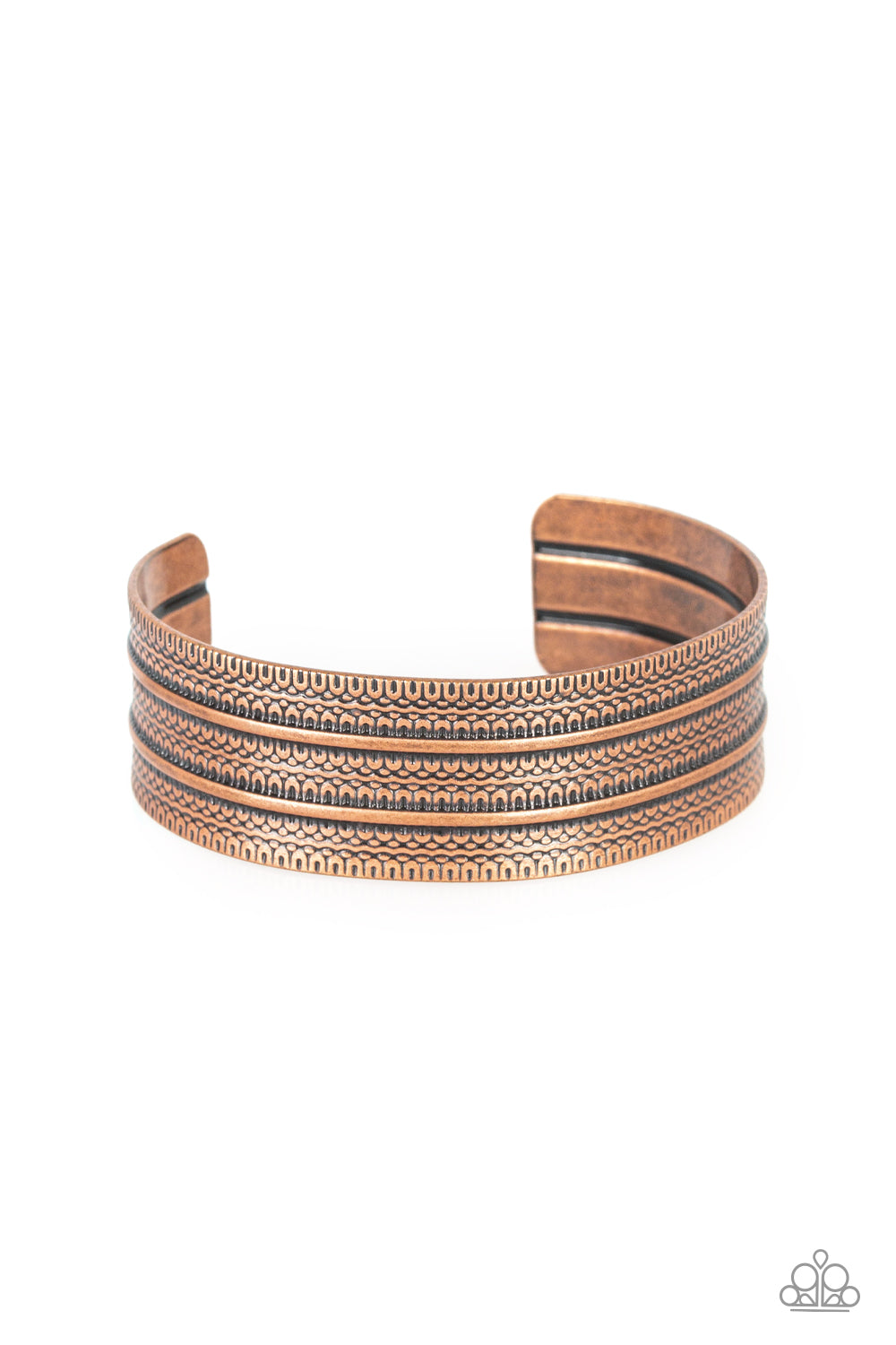 Absolute Amazon - Copper Cuff Bracelet - Paparazzi Accessories - 
Stamped in tribal-inspired patterns, an antiqued copper cuff wraps around the wrist for an indigenous look.
Sold as one individual bracelet.