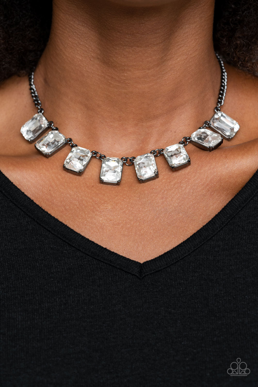 After Party Access - Black Gem Necklace - Paparazzi Accessories - Regal chain of oversized white emerald style gems link below the collar for a timeless finish. Features an adjustable clasp closure.