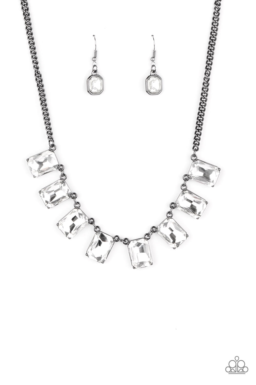 After Party Access - Black Gem Necklace - Paparazzi Accessories - Regal chain of oversized white emerald style gems link below the collar for a timeless finish. Features an adjustable clasp closure.