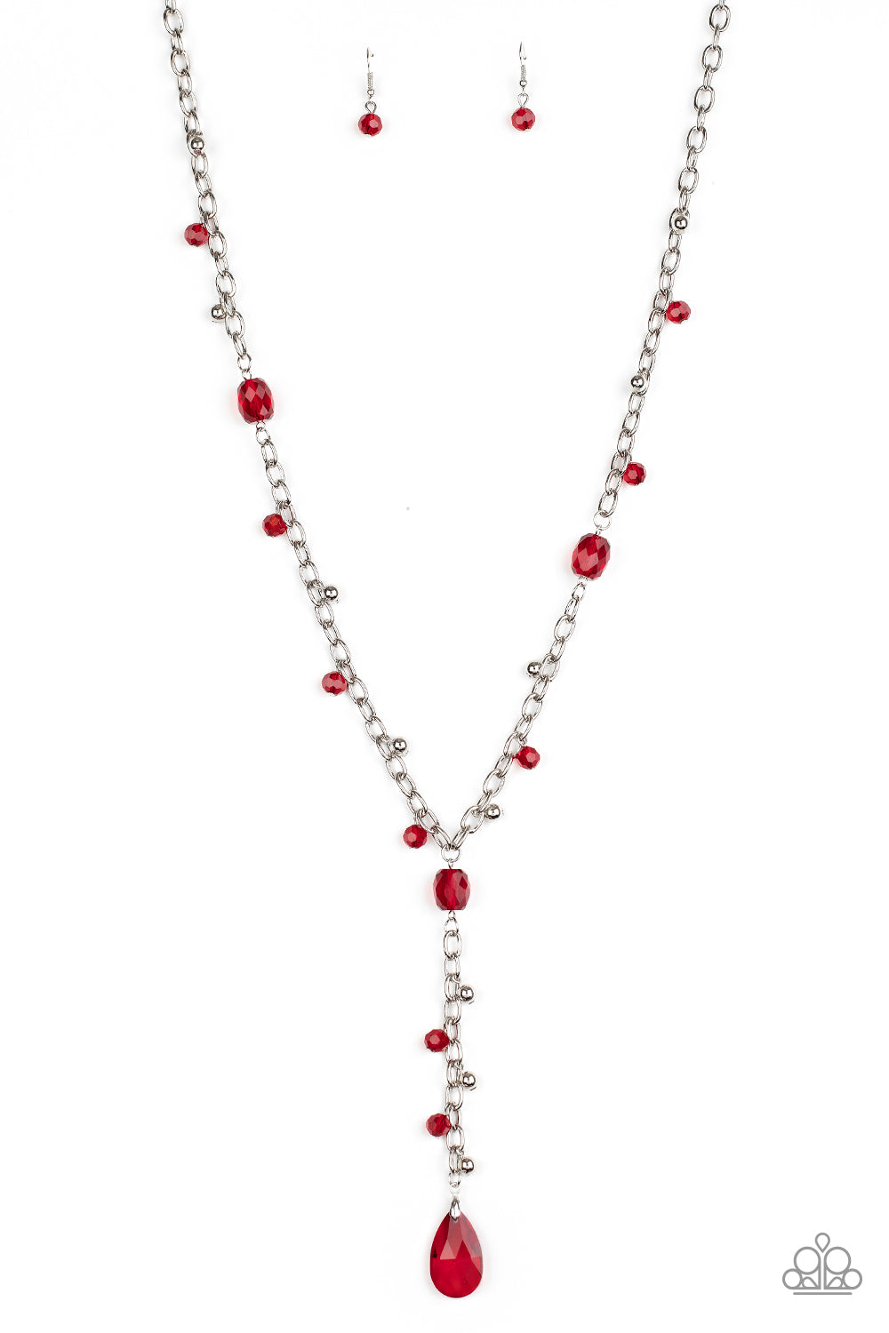 Afterglow Party - Red and Silver Necklace - Paparazzi Accessories - An array of faceted red crystal-like beads and shiny silver beads trickles along a lengthened silver chain. A matching red crystal-like teardrop swings from the bottom of a matching silver chain that has been attached to the refined design, creating a timeless extended pendant. Features an adjustable clasp closure.