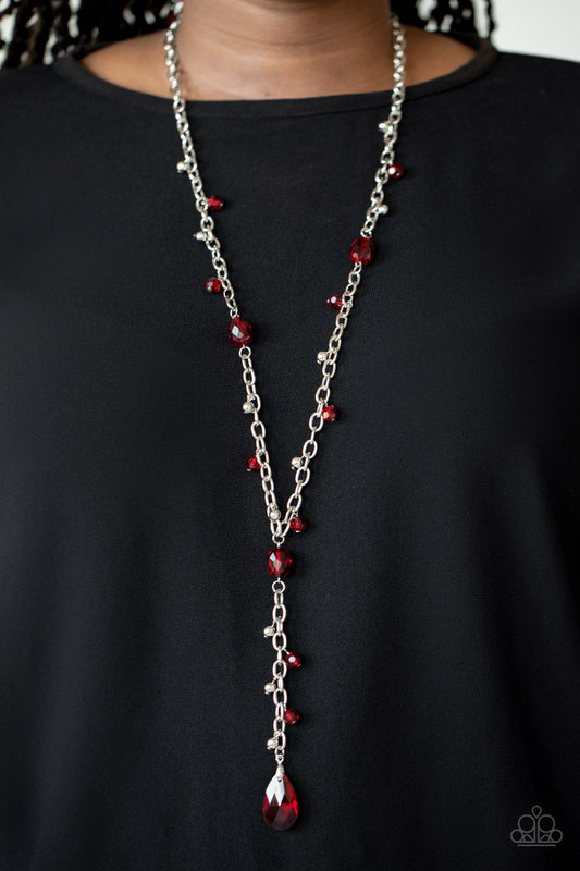 Afterglow Party Red and Silver Necklace - Paparazzi Accessories - An array of faceted red crystal-like beads and shiny silver beads trickles along a lengthened silver chain. A matching red crystal-like teardrop swings from the bottom of a matching silver chain that has been attached to the refined design, creating a timeless extended pendant.