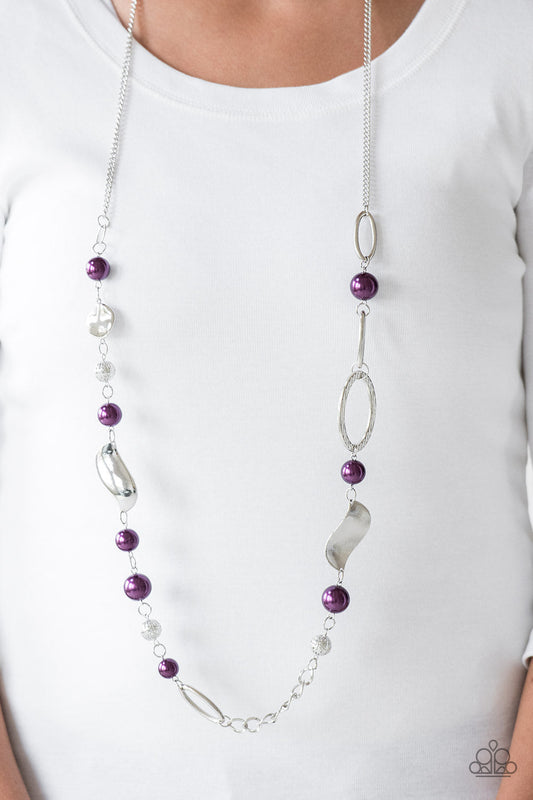 All About Me - Purple and Silver Necklace - Paparazzi Accessories - Oversized purple pearls, ornate silver beads, and an array of glistening silver accents trickle along a lengthened silver chain for a refined look. Features an adjustable clasp closure. Sold as one individual necklace.