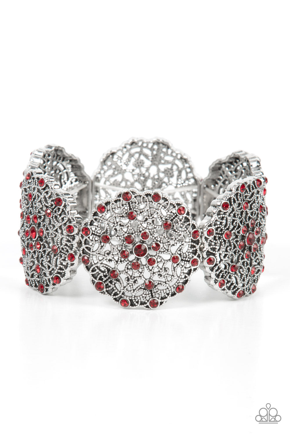 All in the Details - Red and Silver Bracelet - Paparazzi Accessories - Dotted with fiery red rhinestones, studded silver frames are filled with mandala-like filigree details and threaded along stretchy bands around the wrist for a glitzy pop of color. Sold as one individual bracelet.