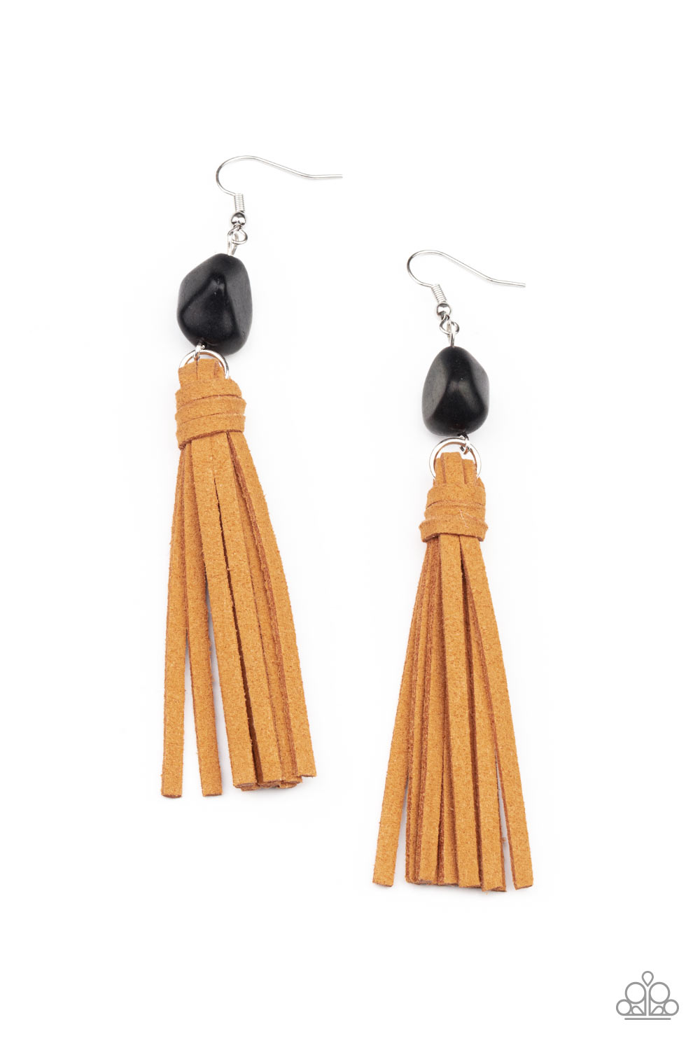 All-Natural Allure - Black Stone - Brown Suede Tassel Earrings - Paparazzi Accessories - 
A rustic brown suede tassel swings from the bottom of an imperfect black stone, creating an earthy centerpiece. Earring attaches to a standard fishhook fitting. Sold as one pair of earrings.
