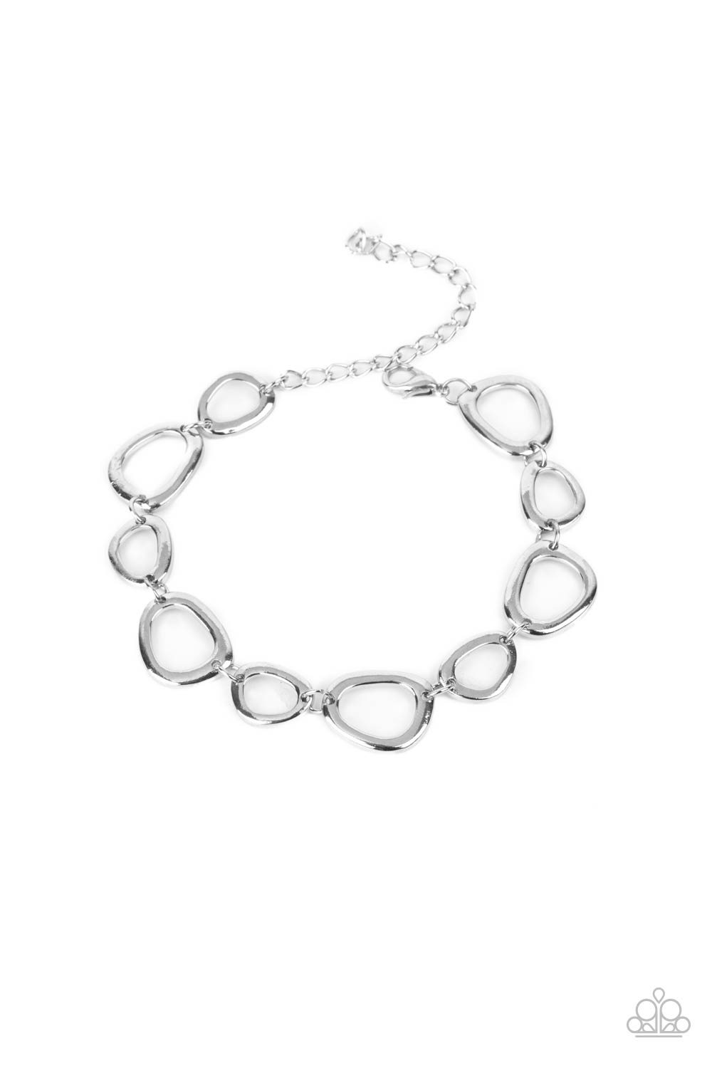 ​All That Mod - Silver Stylish Bracelet - Paparazzi Accessories - 
An array of irregular shaped silver rings link together and make their way around the wrist for a simple yet stylish avant-garde fashion. Features an adjustable clasp closure. Sold as one individual bracelet.

