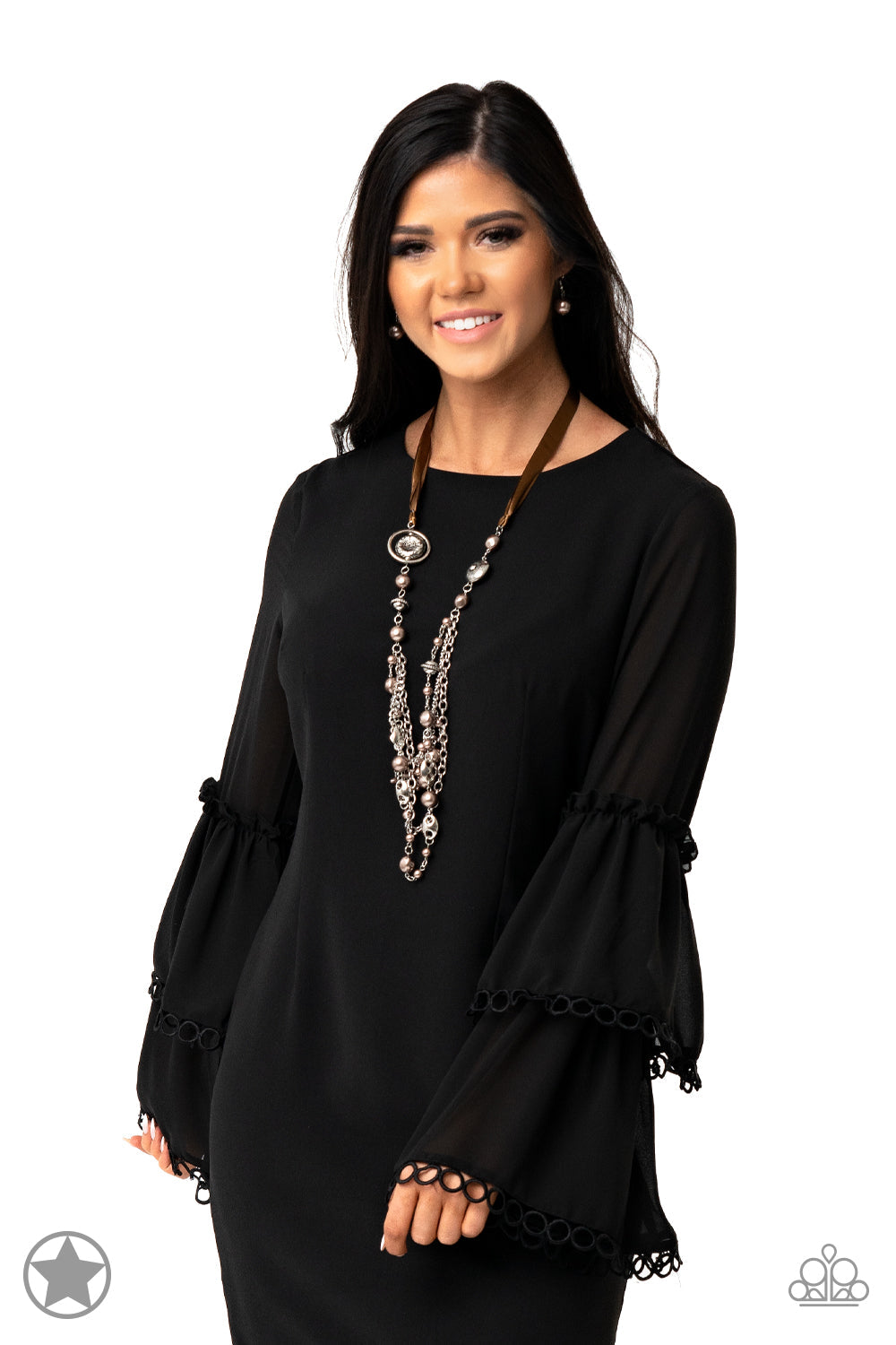 All The Trimmings - Brown and Silver Necklace - Paparazzi Accessories - A silky brown ribbon replaces a traditional chain to give an elegant look. Pearly brown beads and funky silver pieces intermix with varying lengths of silver chains to give a fresh take on a Victorian-inspired fashion necklace.