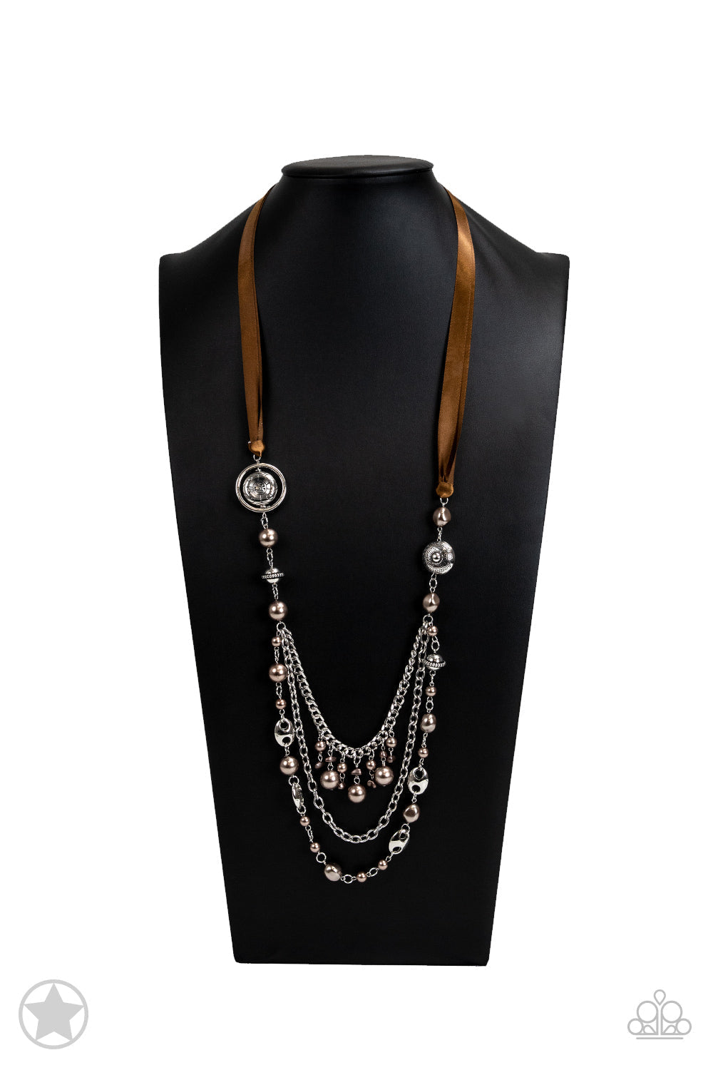 All The Trimmings - Brown and Silver Necklace - Paparazzi Accessories - A silky brown ribbon replaces a traditional chain to give an elegant look. Pearly brown beads and funky silver pieces intermix with varying lengths of silver chains to give a fresh take on a Victorian-inspired fashion necklace.