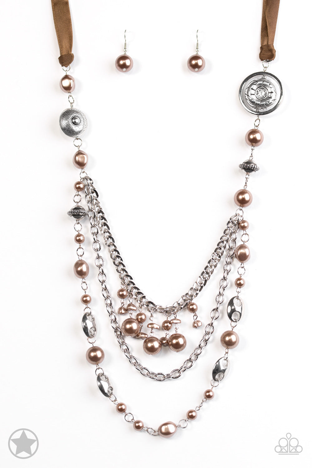All The Trimmings - Brown and Silver Necklace - Paparazzi Accessories - A silky brown ribbon replaces a traditional chain to give an elegant look. Pearly brown beads and funky silver pieces intermix with varying lengths of silver chains to give a fresh take on a Victorian-inspired fashion necklace.