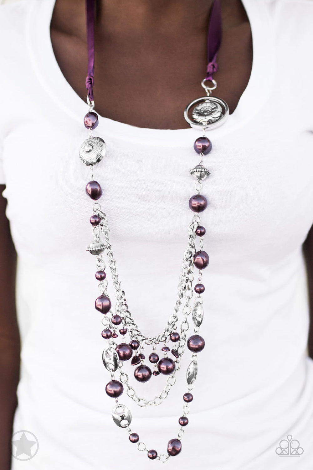 All The Trimmings Purple and Silver Necklace - Bejeweled Accessories By Kristie Featuring Paparazzi Jewelry - A silky purple ribbon replaces a traditional chain to create a timeless look. Pearly deep purple beads and funky silver pieces intermix with varying lengths of silver chains to give a fresh take on a Victorian-inspired piece. Sold as one individual necklace.
