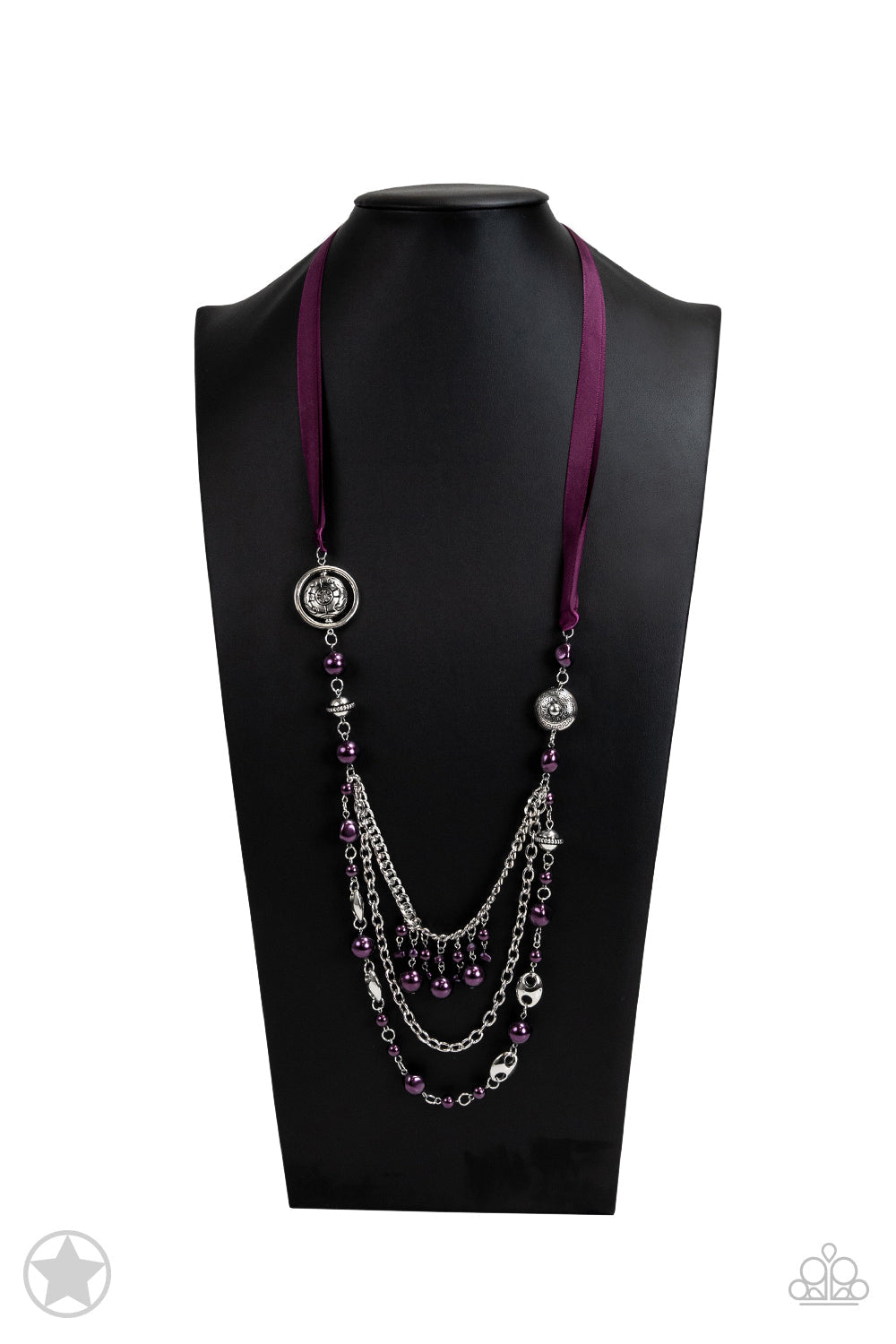 All The Trimmings - Purple and Silver Necklace - Paparazzi Accessories - A silky purple ribbon replaces a traditional chain to create a timeless look. Pearly deep purple beads and funky silver pieces intermix with varying lengths of silver chains to give a fresh take on a Victorian-inspired stylish necklace.