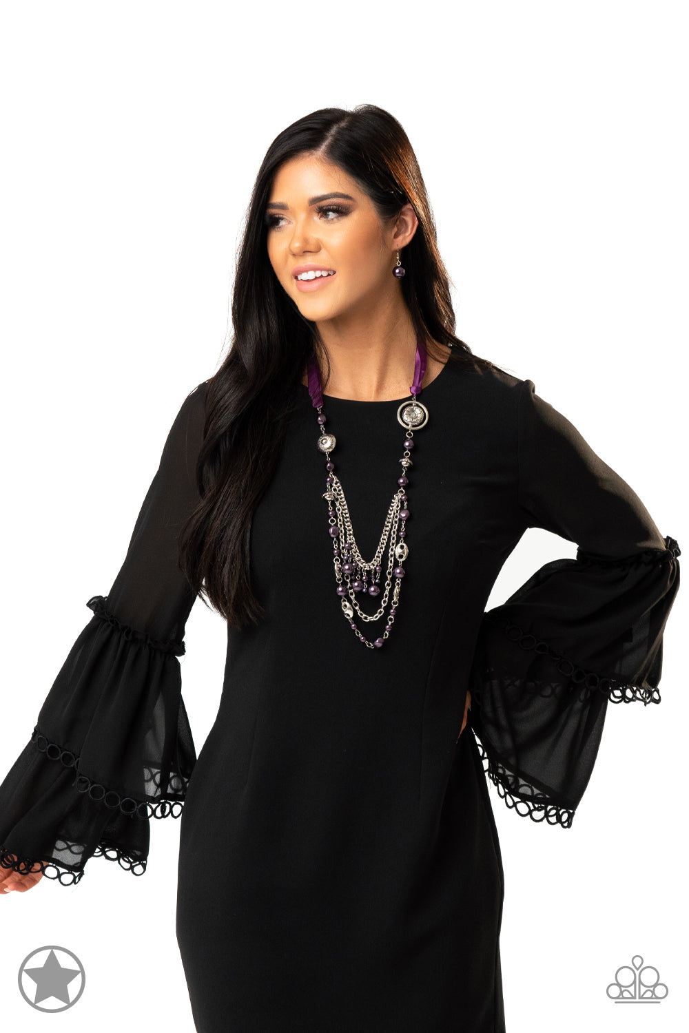 All The Trimmings - Purple and Silver Necklace - Paparazzi Accessories - A silky purple ribbon replaces a traditional chain to create a timeless look. Pearly deep purple beads and funky silver pieces intermix with varying lengths of silver chains to give a fresh take on a Victorian-inspired stylish necklace.
