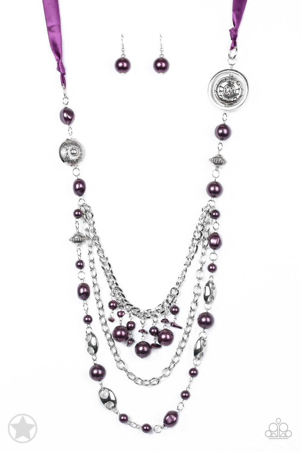 All The Trimmings - Purple and Silver Necklace - Paparazzi Accessories - A silky purple ribbon replaces a traditional chain to create a timeless look. Pearly deep purple beads and funky silver pieces intermix with varying lengths of silver chains to give a fresh take on a Victorian-inspired stylish necklace. Bejeweled Accessories By Kristie - Trendy fashion jewelry for everyone -