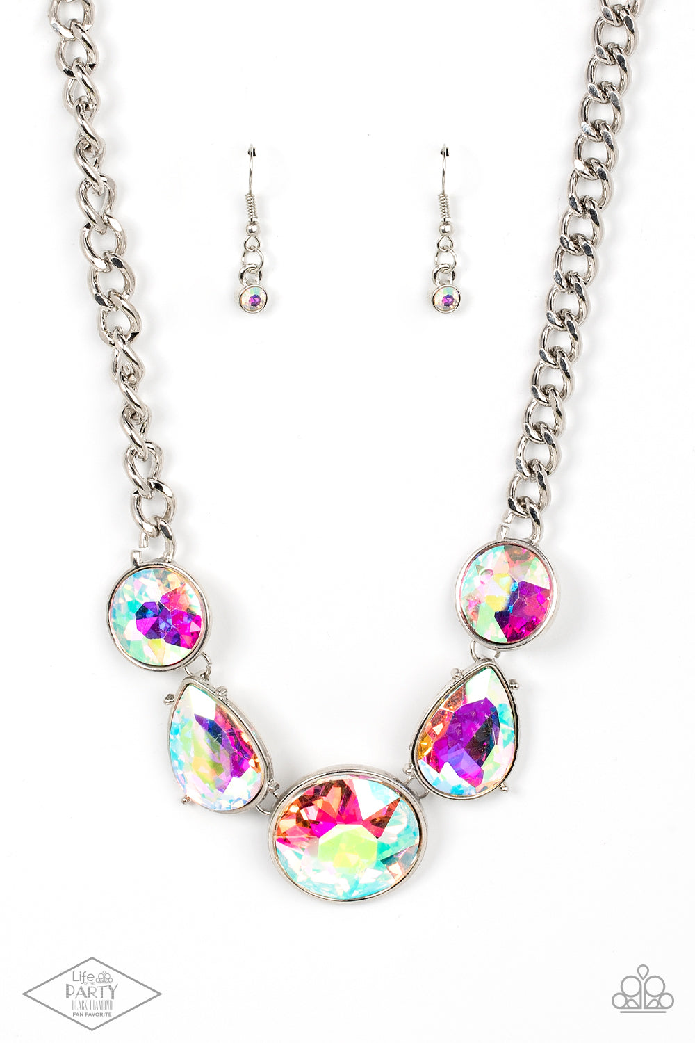All The Worlds My Stage - Multi Color Iridescent - Silver Teardrop Necklace - Paparazzi Accessories - Infused with heavy silver chain, an exaggerated display of round and teardrop shaped iridescent rhinestones connects below the collar for a blinding look. Features an adjustable clasp closure.