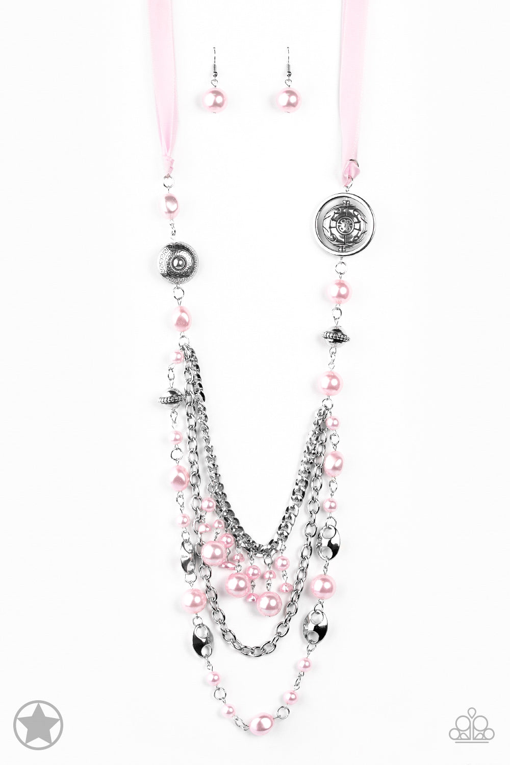 All Trimmings - Pink Pearly and Silver Fashion Necklace - Paparazzi Accessories - A silky pink ribbon replaces a traditional chain for an elegant look. Pearly light pastel pink beads and funky silver pieces with varying lengths of layered silver chains to give a Victorian-inspired look to this stylish necklace.