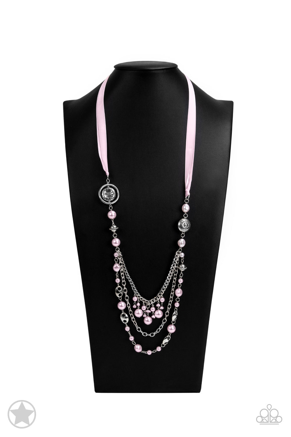 All Trimmings - Pink Pearly and Silver Fashion Necklace - Paparazzi Accessories - A silky pink ribbon replaces a traditional chain for an elegant look. Pearly light pastel pink beads and funky silver pieces with varying lengths of layered silver chains to give a Victorian-inspired look to this stylish necklace.