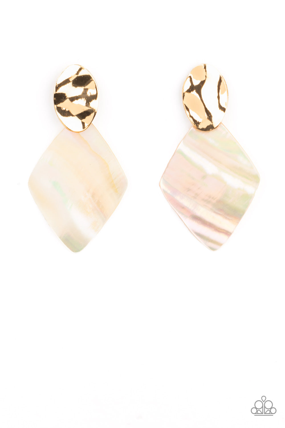Alluringly Lustrous - Gold - Iridescent Shell-Like Earrings - Paparazzi Accessories - An iridescent shell-like frame attaches to the bottom of a hammered shiny gold oval, creating a refined centerpiece. Earring attaches to a standard post fitting. Sold as one pair of post earrings.