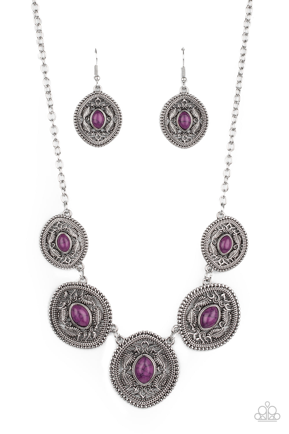 Alter ECO - Purple and Silver Necklace - Paparazzi Accessories - Dainty purple stones dot the centers of leafy silver filigree filled frames that delicately connect below the collar, creating a colorfully earthy look. Features an adjustable clasp closure. Trendy fashion jewelry for everyone.