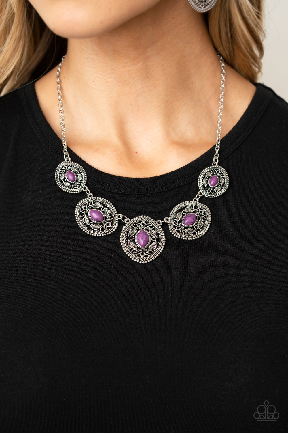 Alter ECO - Purple and Silver Necklace - Paparazzi Accessories - Dainty purple stones dot the centers of leafy silver filigree filled frames that delicately connect below the collar, creating a colorfully earthy look. Features an adjustable clasp closure.