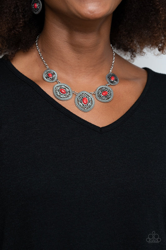 Alter ECO - Red and Silver Necklace - Paparazzi Accessories - Dainty red stones dot the centers of leafy silver filigree filled frames that delicately connect below the collar, creating a colorfully earthy look. Features an adjustable clasp closure.