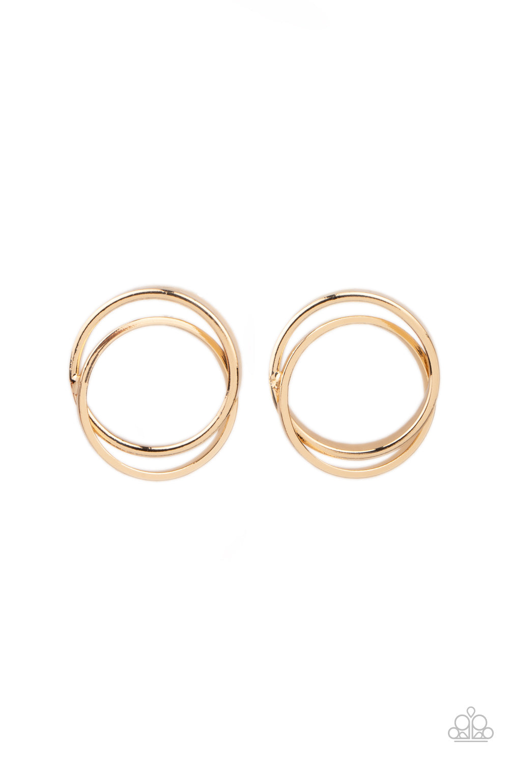 Always In The Loop - Gold Earrings - Paparazzi Accessories - Thick gold rings intricately interlock into a stacked frame for an edgy look. Earring attaches to a standard post fitting. Sold as one pair of post earrings.