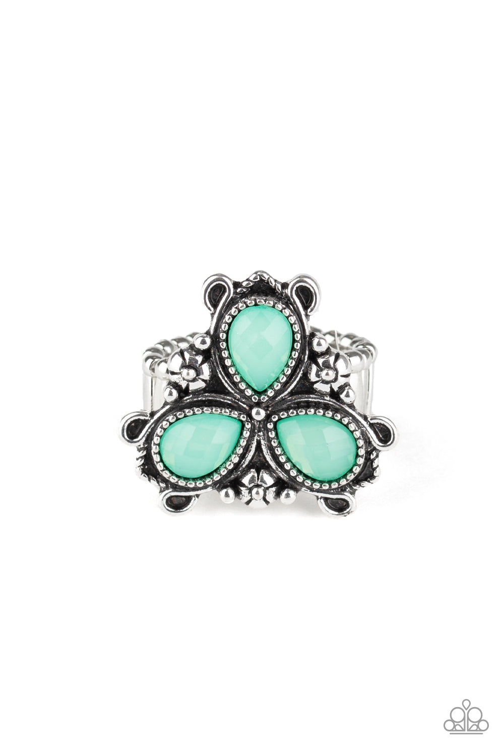 Ambrosial Garden - Green and Silver Ring - Paparazzi Accessories - Bordered by dainty silver flowers, three dewy green teardrop beads coalesce into an ethereal centerpiece atop the finger. Features a stretchy band for a flexible fit. Sold as one individual ring.