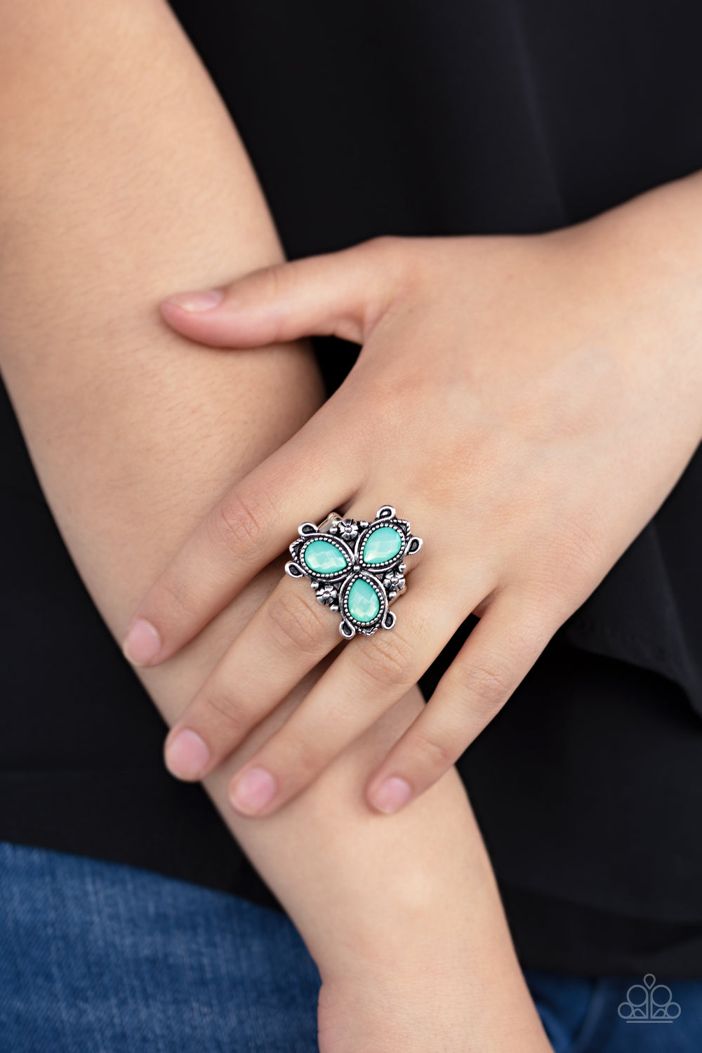Ambrosial Garden - Green and Silver Ring - Paparazzi Accessories - Bordered by dainty silver flowers, three dewy green teardrop beads coalesce into an ethereal centerpiece atop the finger. Features a stretchy band for a flexible fit.
