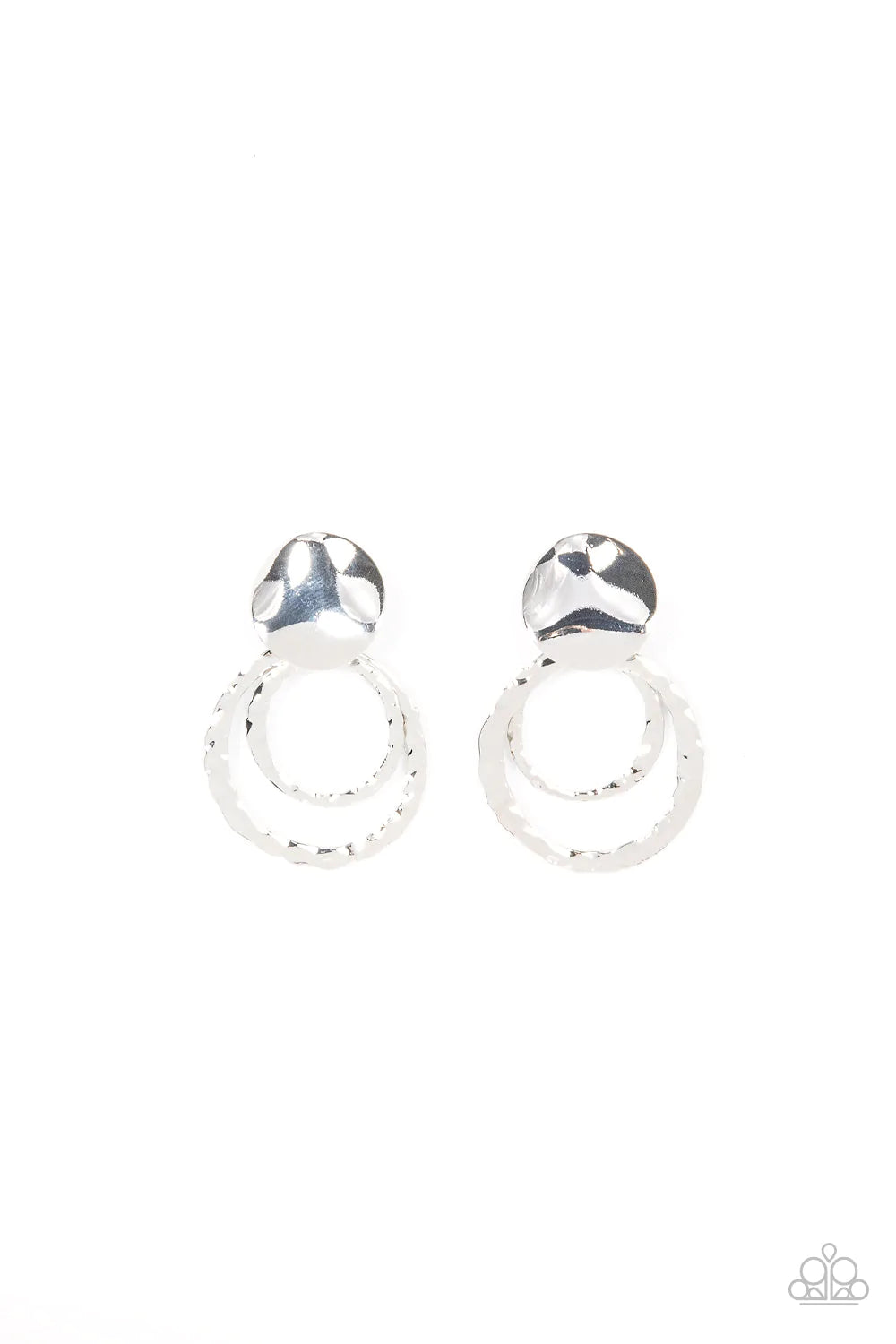 Ancient Arts - Silver Earrings - Paparazzi Accessories - Two shiny hammered silver circles swing from a wavy silver disc, creating a captivating lure. Earring attaches to a standard post fitting. Sold as one pair of post earrings.