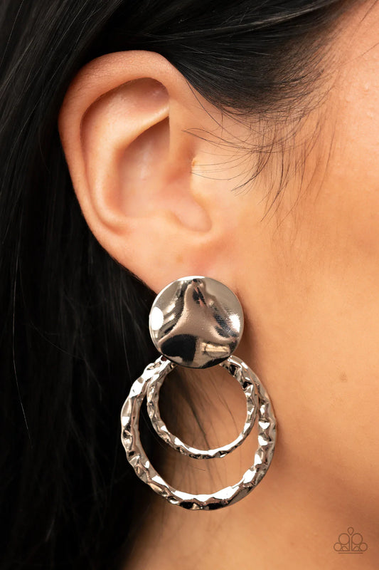 Ancient Arts - Silver Earrings - Paparazzi Accessories - Two shiny hammered silver circles swing from a wavy silver disc, creating a captivating lure. Earring attaches to a standard post fitting. Sold as one pair of post earrings.