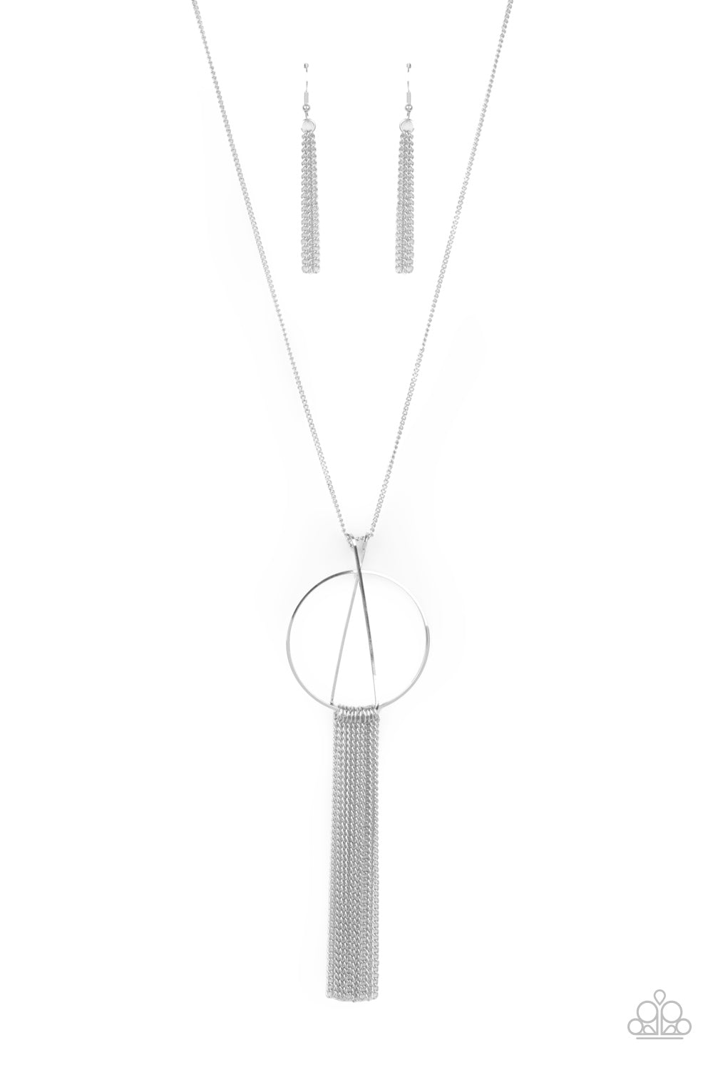 Apparatus Applique - Silver Necklace - Paparazzi Accessories - Two silver rods delicately overlap at the top of a glistening silver hoop, creating an abstract pendant at the bottom of a lengthened silver chain. Shimmery silver chains stream from the bottom of the frame, creating a sleek tassel. Features an adjustable clasp closure.