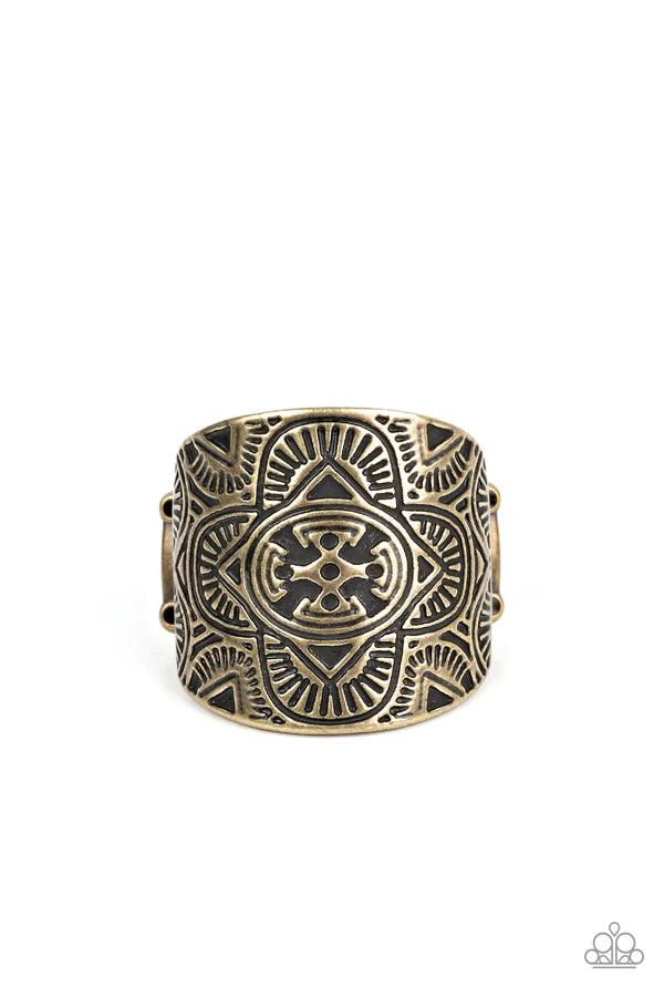 Argentine Arches - Brass Ring - Paparazzi Accessories - Engraved geometric shapes, lines, and patterns fill a brass plate that curves around the finger, creating a trendy centerpiece fashion ring.